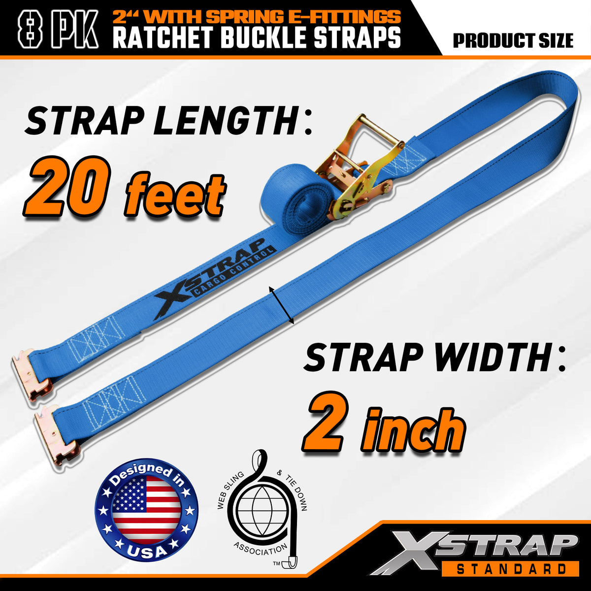 4PK 2" x 20' E-Track Heavy Duty Ratchet Tie Down Straps, 4,400lbs Break Strength (Blue) 63435
