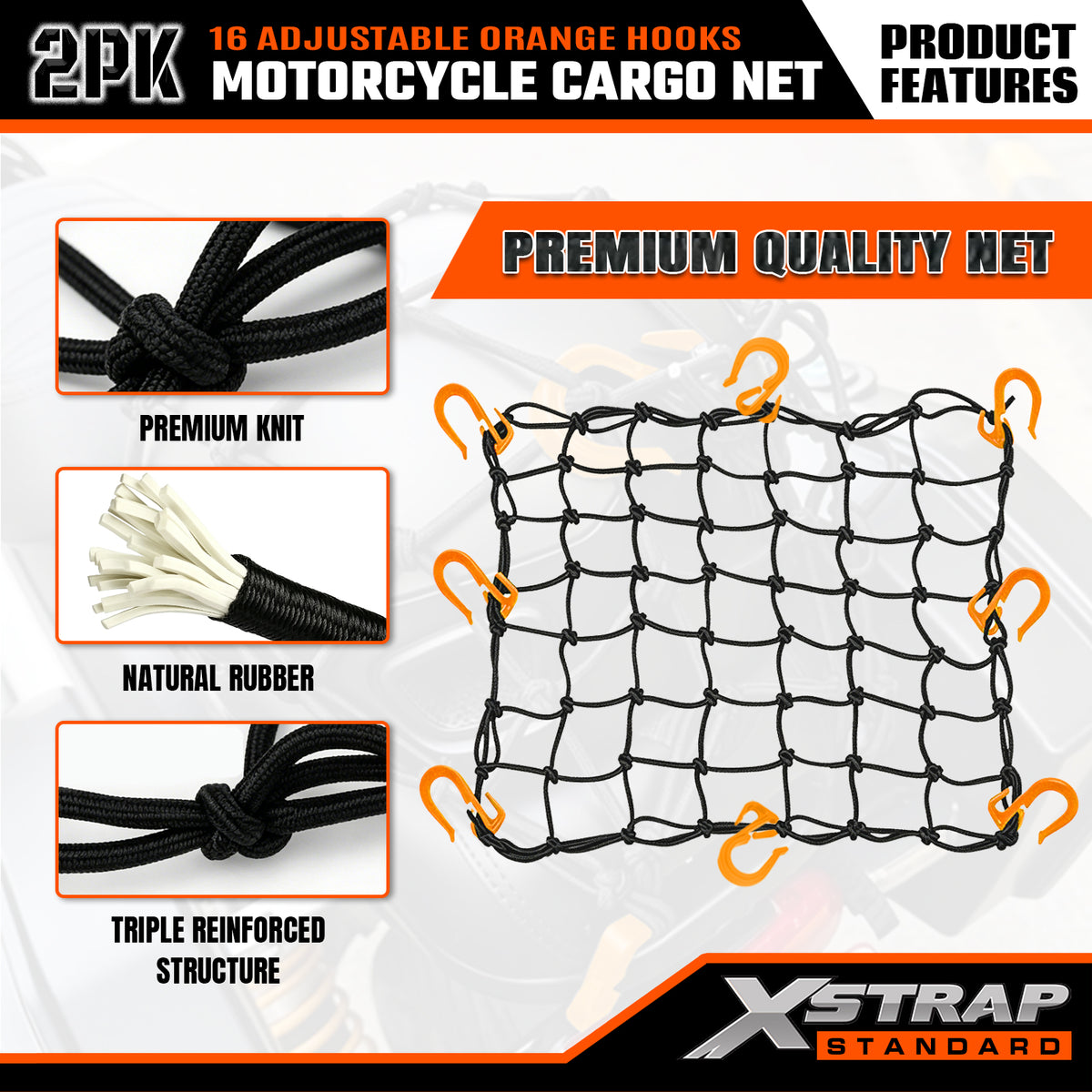 XS63560 2 Pack 15"x15" Motorcycle Cargo Nets with 16 Adjustable Hooks Stretches up to 30"X30", 2"X2" Small Mesh Gear Helmet Net, Orange Hooks for Motorcycle, Bike, ATV and Luggage Rack