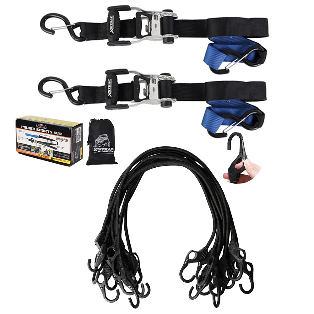 2 Pk 1.5" x 6' Ratchet Tie Down with Soft Loop + Heavy Duty Bungee Cords 10PK 32-Inch Finger-Hole Black
