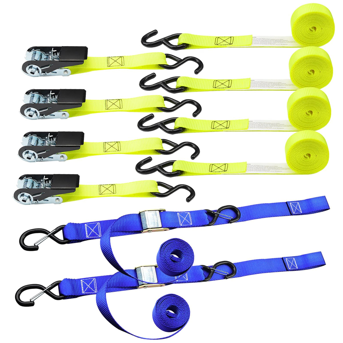 2pk Motorcycle Tie Down Straps 3,000lb Break Strength, 1.5 in X 8FT Heavy-Duty Cambuckle Tie Down Set with S Hook and Soft Loops & 4 Pk Ratchet Tie Do