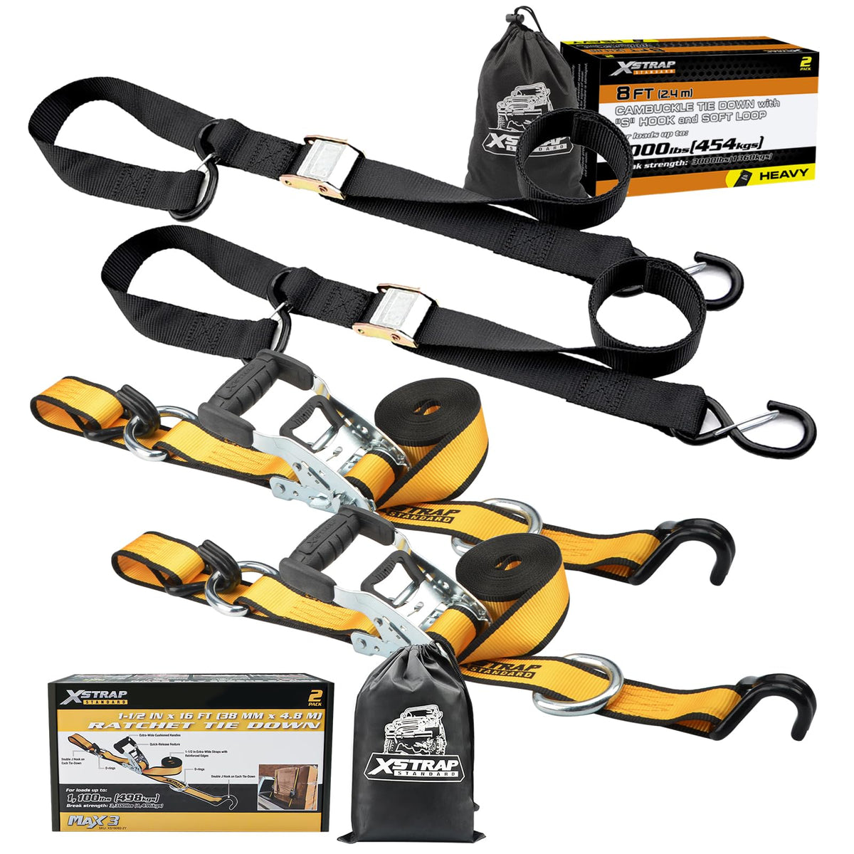 Motorcycle Tie Down Straps (2 Pack) 3,000lb Break Strength, 1.5 in X 8FT Heavy-Duty Cambuckle Tie Down Set+2PK 1.5" x 16' Heavy-Duty Tie Down Straps