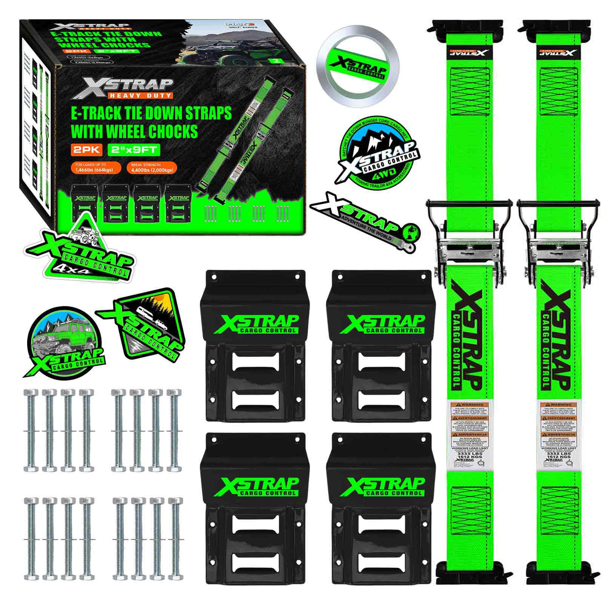 2-PK Wheel Chock E-Track Tie Down Straps Kit, 2"x9FT, Green