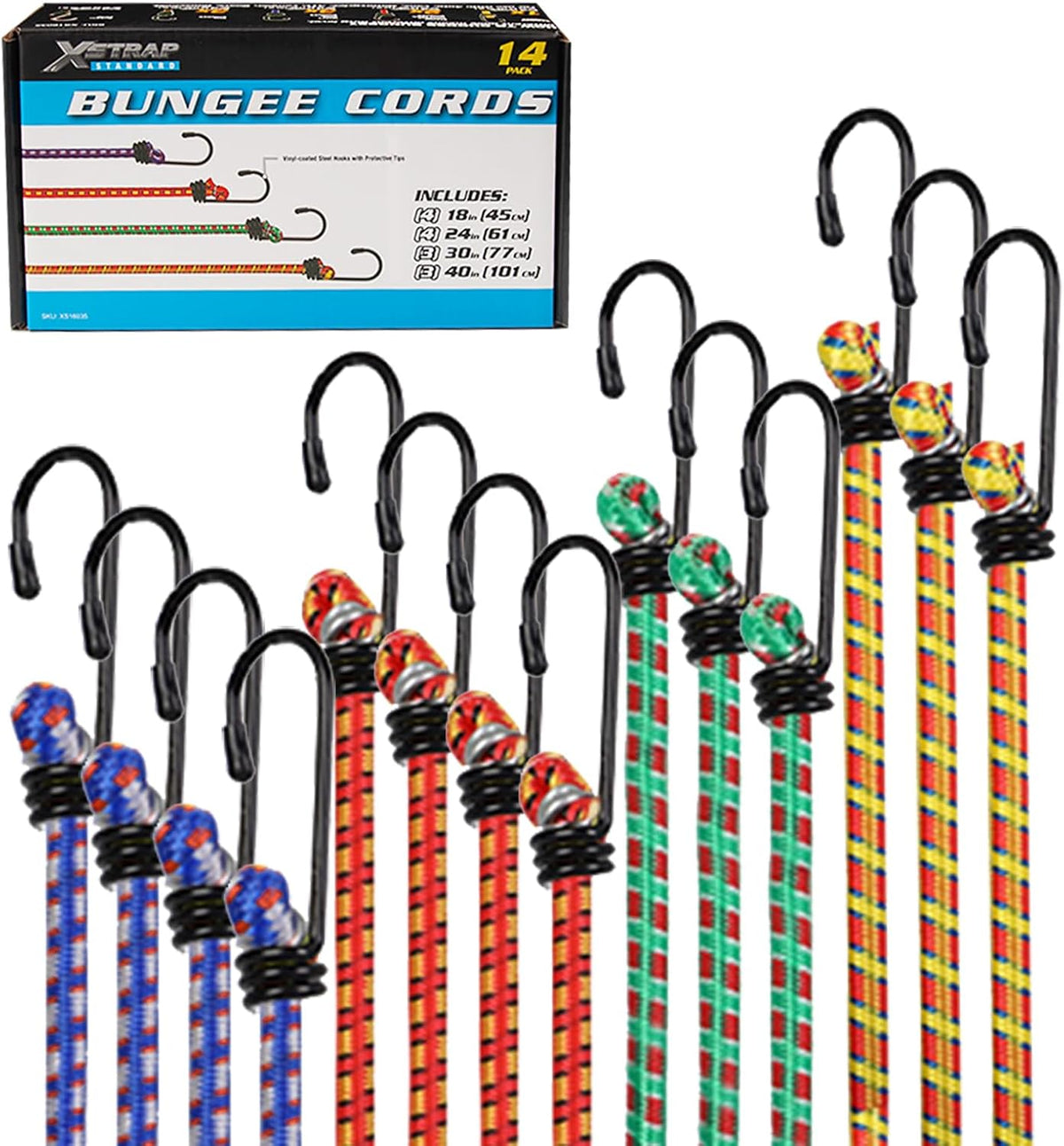 14-Pcs Premium Bungee Cords with Hooks 18", 24", 30", 40" Outdoor Bungee Straps Assortment XS16035