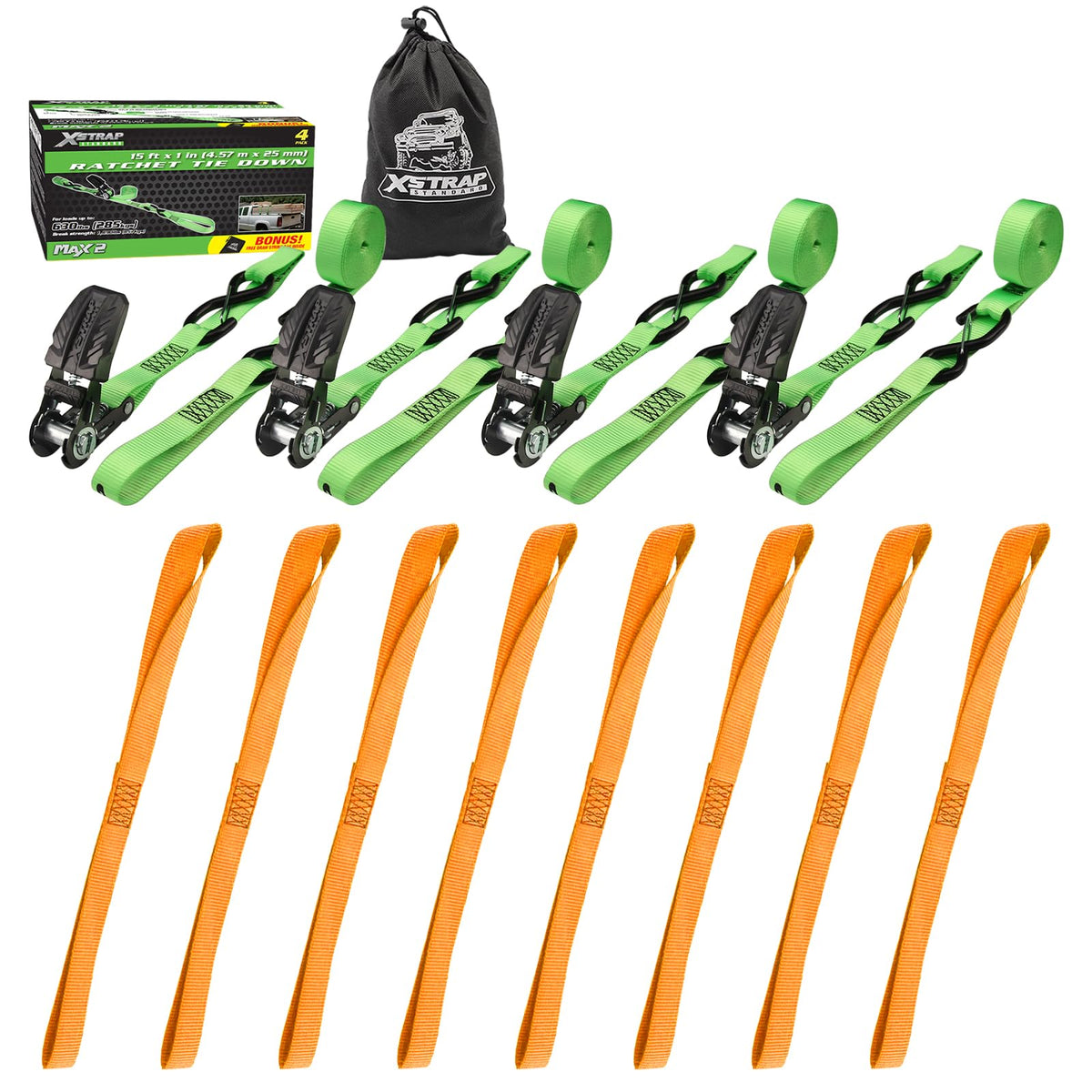 Ratchet Tie Down Straps - 4 Pk - 1'' x 15 Ft - 630 Lbs Load Cap 1890 Lbs Break Strength-Cargo Straps with Padded Handles & Coated S Hook W/Safety Clip