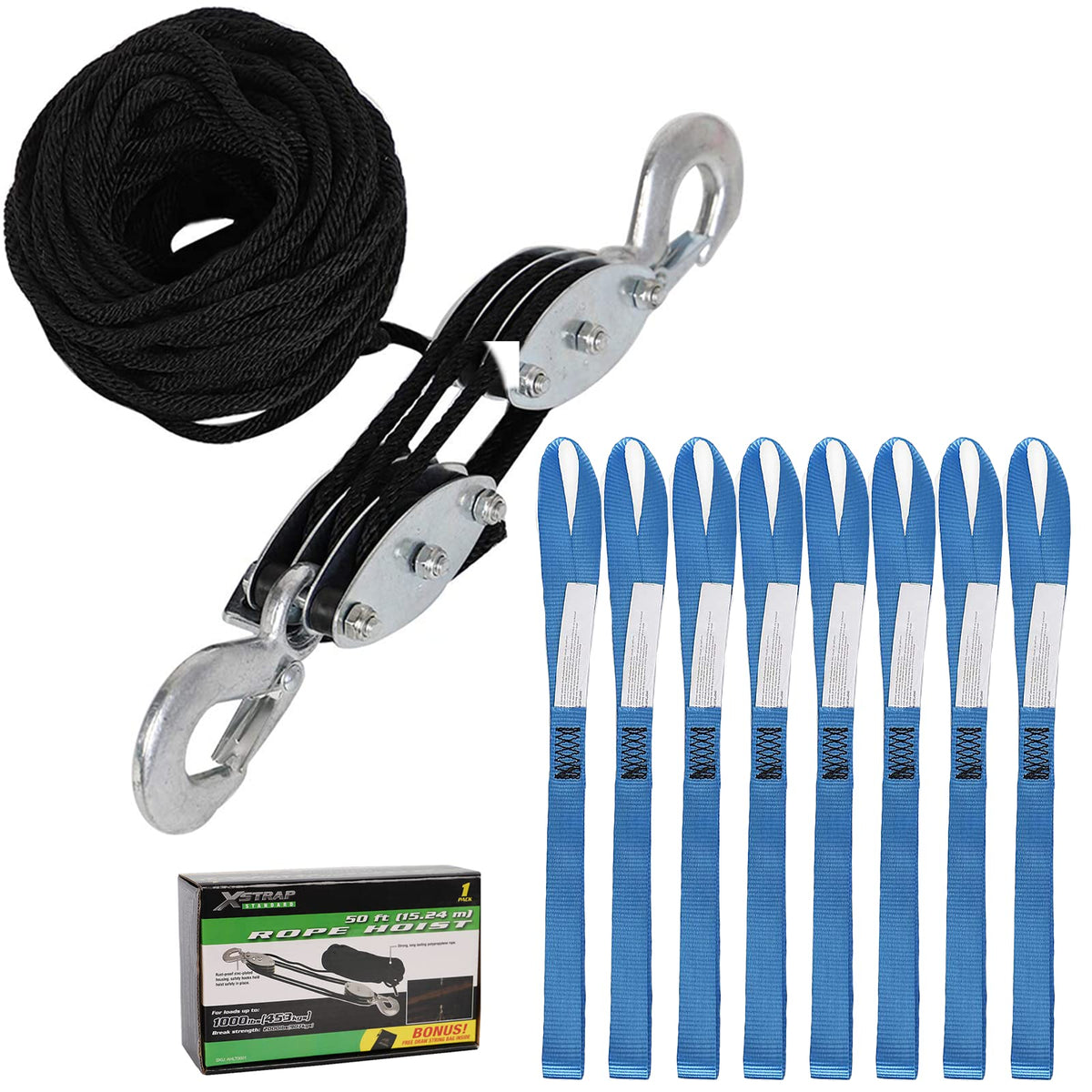 Heavy-Duty 2,000 LB Breaking Strength 50 FT Rope Hoist + 8PK Soft Loop Tie-Down Straps 1-1/16 x 18 inches - 3600LB Breaking Strength