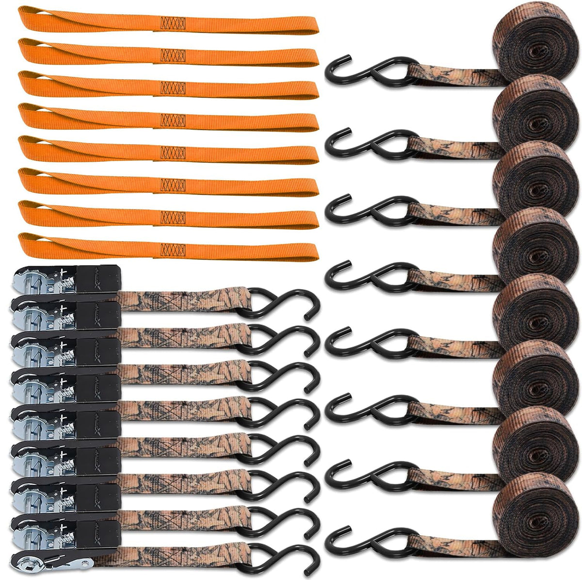 Ratchet Tie Down Straps 8PK & Soft Loop Tie-Down Straps 8PK Combo - Heavy Duty Cargo Securing Set