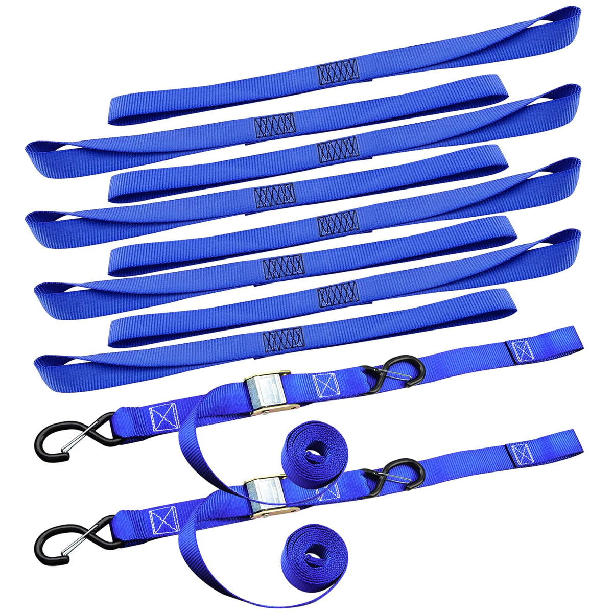 2PK Motorcycle Tie Down Straps 3,000lb Break Strength, 1.5 in X 8FT Heavy-Duty Cambuckle Tie Down Set & 8PK Soft Loop Tie-Down Straps1-1/16 x 18 inche