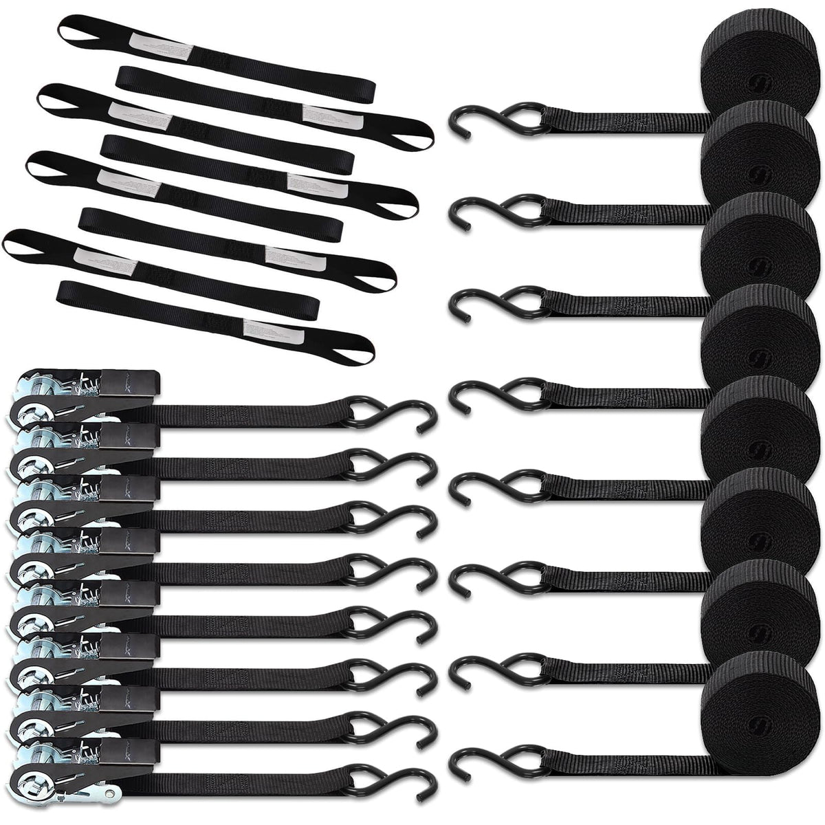 Ratchet Tie Down Straps 8PK & Soft Loop Tie-Down Straps 8PK Combo - Heavy Duty Cargo Securing Set