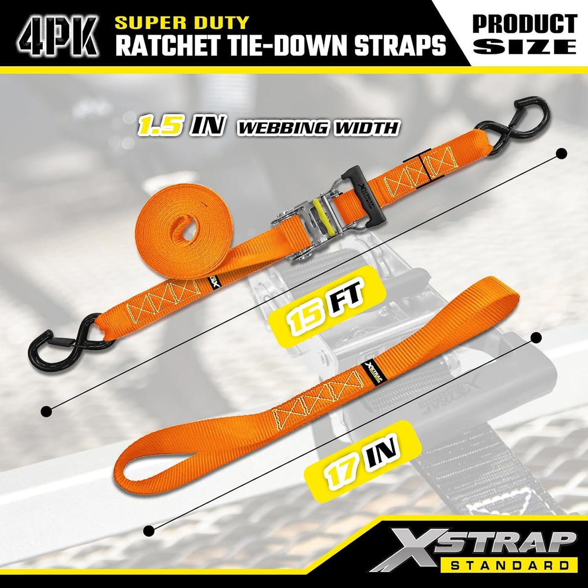 XS61690 Super Duty Ratchet Tie Down Straps, 4-Pack 1.5" x 15ft 5000 Lbs Breaking Strength with Safety S-Hooks & 4 of 17" Soft Loops, Black Cargo Straps for Motorcycle, ATV, UTV and Trucks