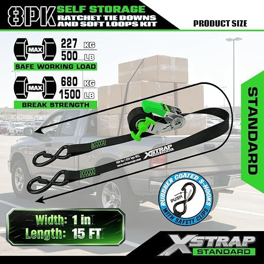 X61168 4-PK 1" x 15ft Self-Storing Ratchet Tie Down Straps, Black 1500 lbs Break Strength Hand Crank Cargo Straps with Soft Loops & Safety S Hooks for Truck Trailer Motorcycle Van ATV UTV