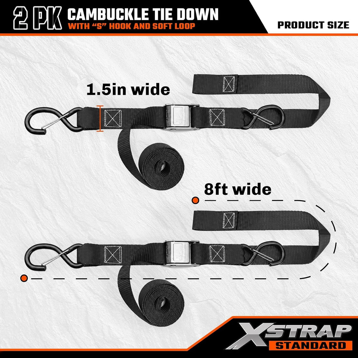 XS16008 2-PK Motorcycle Straps Cambuckle Tie Down 1.5" X 8FT, Black 3000lb Break Strength Heavy-Duty Handlebar Straps, Safety S-Hooks & Soft Loops for Dirt Bike, ATV, Boat & Kayak