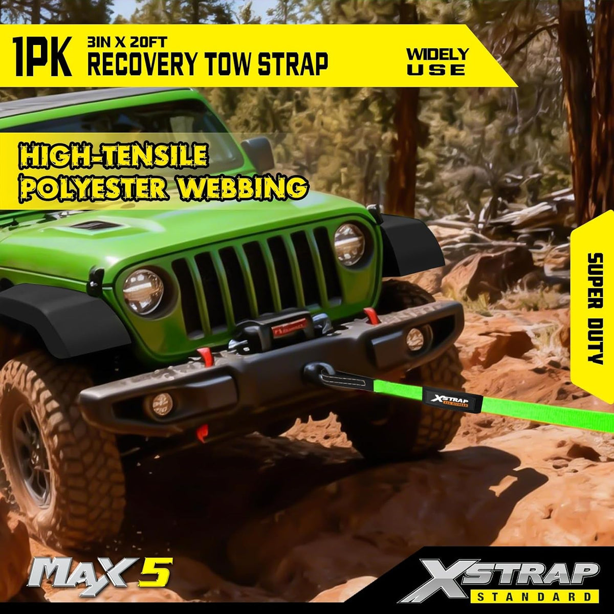 XS61934 Heavy Duty 3" x 20ft Recovery Snatch Truck Tow Strap 30000 Lb Break Strength, Abrasion Sleeve & Triple Reinforced Loops, Emergency Towing Strap for Off-Road, SUV and Jeep