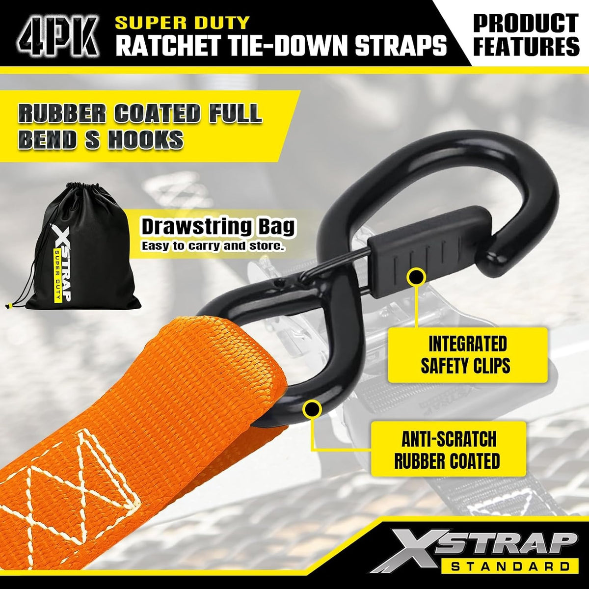 XS61690 Super Duty Ratchet Tie Down Straps, 4-Pack 1.5" x 15ft 5000 Lbs Breaking Strength with Safety S-Hooks & 4 of 17" Soft Loops, Black Cargo Straps for Motorcycle, ATV, UTV and Trucks