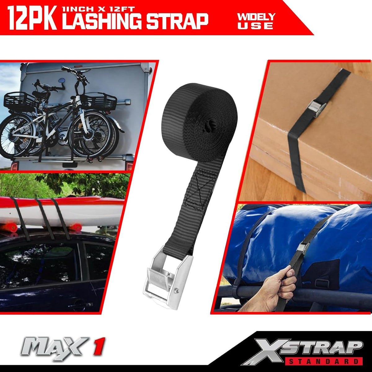 XS61093 Cambuckle Tie Down Strap 12-PK 1" x12' Cargo Lashing Straps 1000 lb Break Strength 1-inch Powersports Tie Down with Carry Bag for Securing Luggage Motorcycles Trailer Rack Kayak, Black