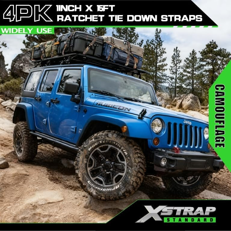XS11220-Camouflage 4 Pack 1" x 15FT Ratchet Tie Down Straps, Motorcycle Straps, 1890Lbs Break Strength, Abrasion-Resist Webbing with Coated S Hook for Moving Appliances Lawn Equipment ATV Truck, Camouflage