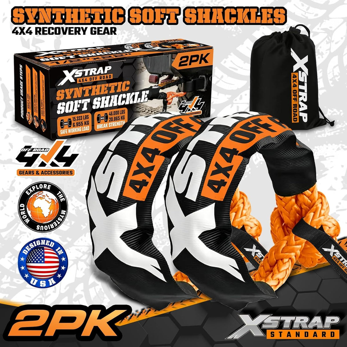 XS16094-Orange Soft Shackle 2 Pack - 1/2” x 22” 46000 Lbs Tow Recovery, Synthetic Shackle Rope, Heavy Duty Recovery Gear for Towing, Winch, Jeep, ATV, UTV, Truck, Off-Road (Orange)