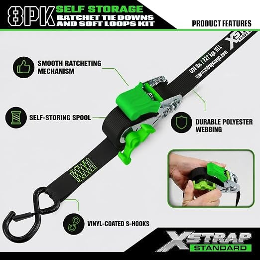 X61168 4-PK 1" x 15ft Self-Storing Ratchet Tie Down Straps, Black 1500 lbs Break Strength Hand Crank Cargo Straps with Soft Loops & Safety S Hooks for Truck Trailer Motorcycle Van ATV UTV