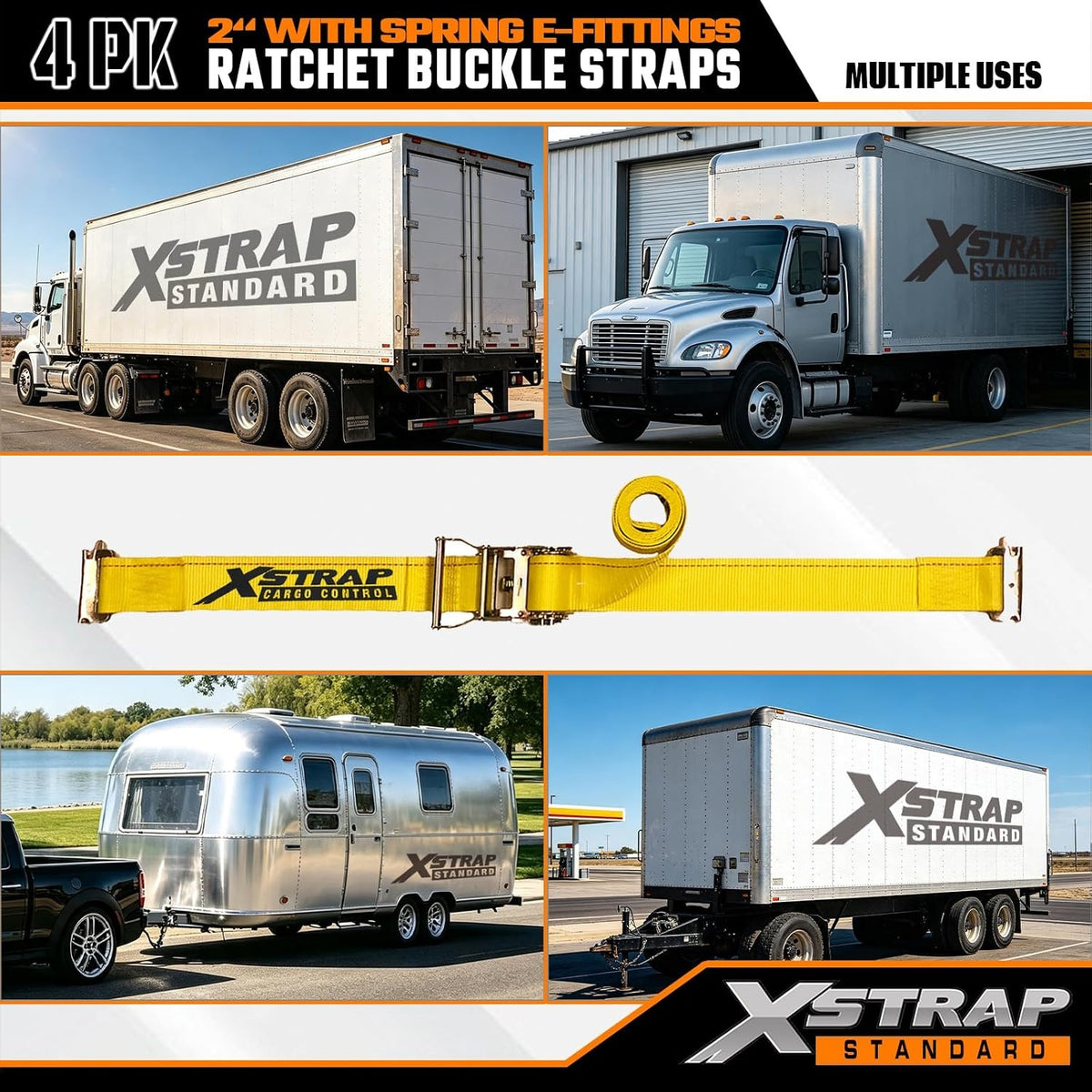 4-PK 2" x 12' E-Track Heavy Duty Ratchet Tie Down Straps 4,400lbs Break Strength (yellow)63431