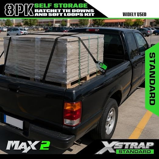X61168 4-PK 1" x 15ft Self-Storing Ratchet Tie Down Straps, Black 1500 lbs Break Strength Hand Crank Cargo Straps with Soft Loops & Safety S Hooks for Truck Trailer Motorcycle Van ATV UTV