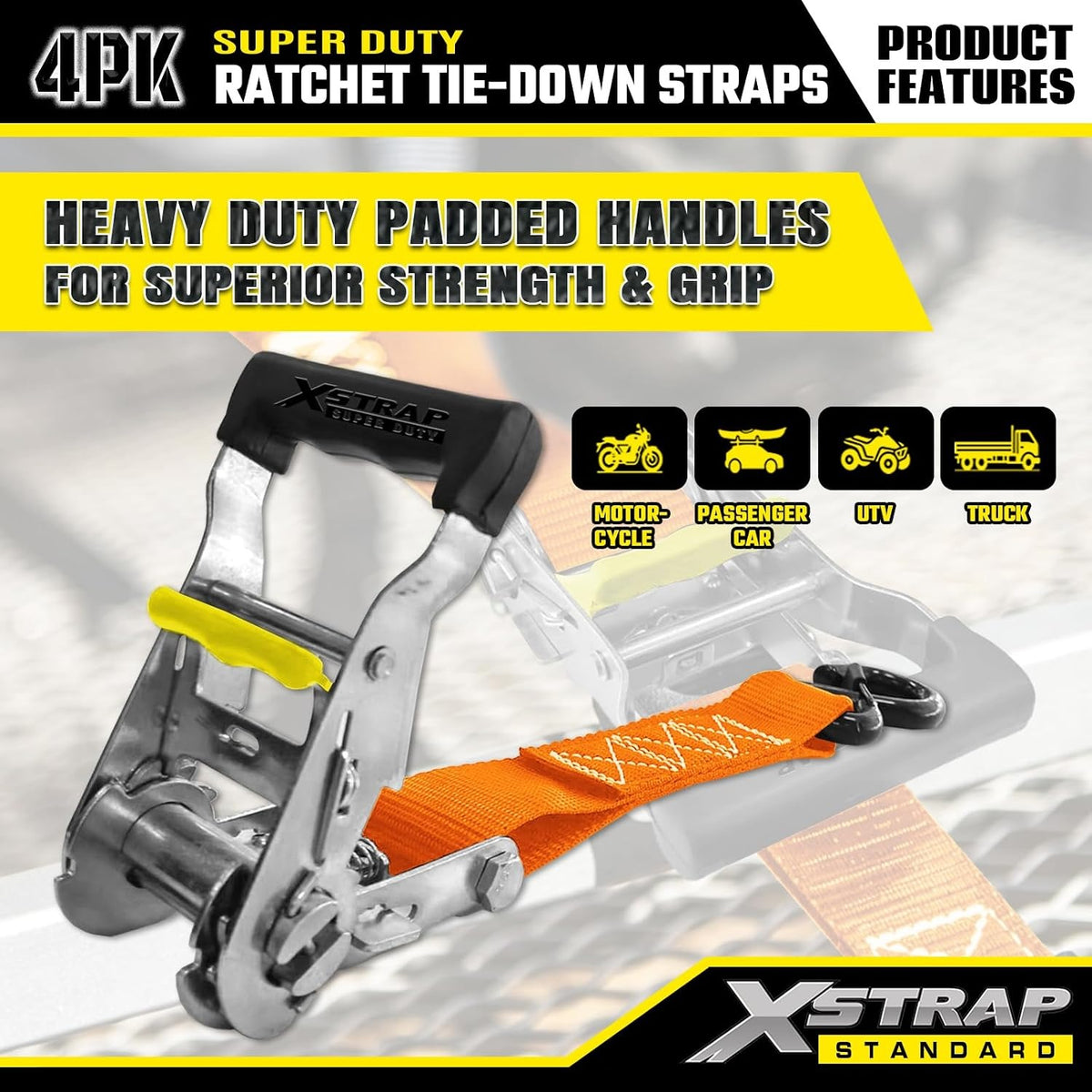 XS61690 Super Duty Ratchet Tie Down Straps, 4-Pack 1.5" x 15ft 5000 Lbs Breaking Strength with Safety S-Hooks & 4 of 17" Soft Loops, Black Cargo Straps for Motorcycle, ATV, UTV and Trucks