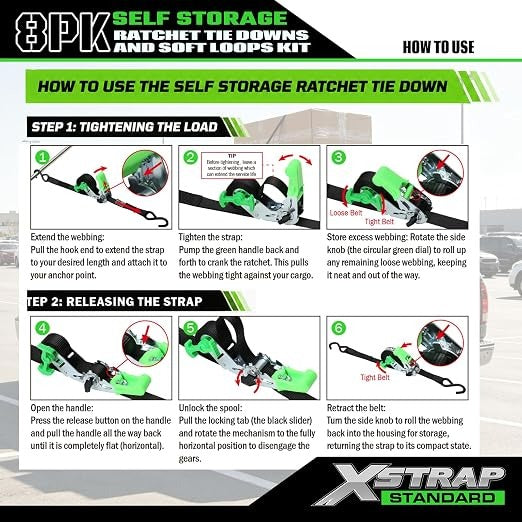 X61168 4-PK 1" x 15ft Self-Storing Ratchet Tie Down Straps, Black 1500 lbs Break Strength Hand Crank Cargo Straps with Soft Loops & Safety S Hooks for Truck Trailer Motorcycle Van ATV UTV