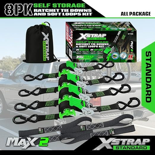 X61168 4-PK 1" x 15ft Self-Storing Ratchet Tie Down Straps, Black 1500 lbs Break Strength Hand Crank Cargo Straps with Soft Loops & Safety S Hooks for Truck Trailer Motorcycle Van ATV UTV