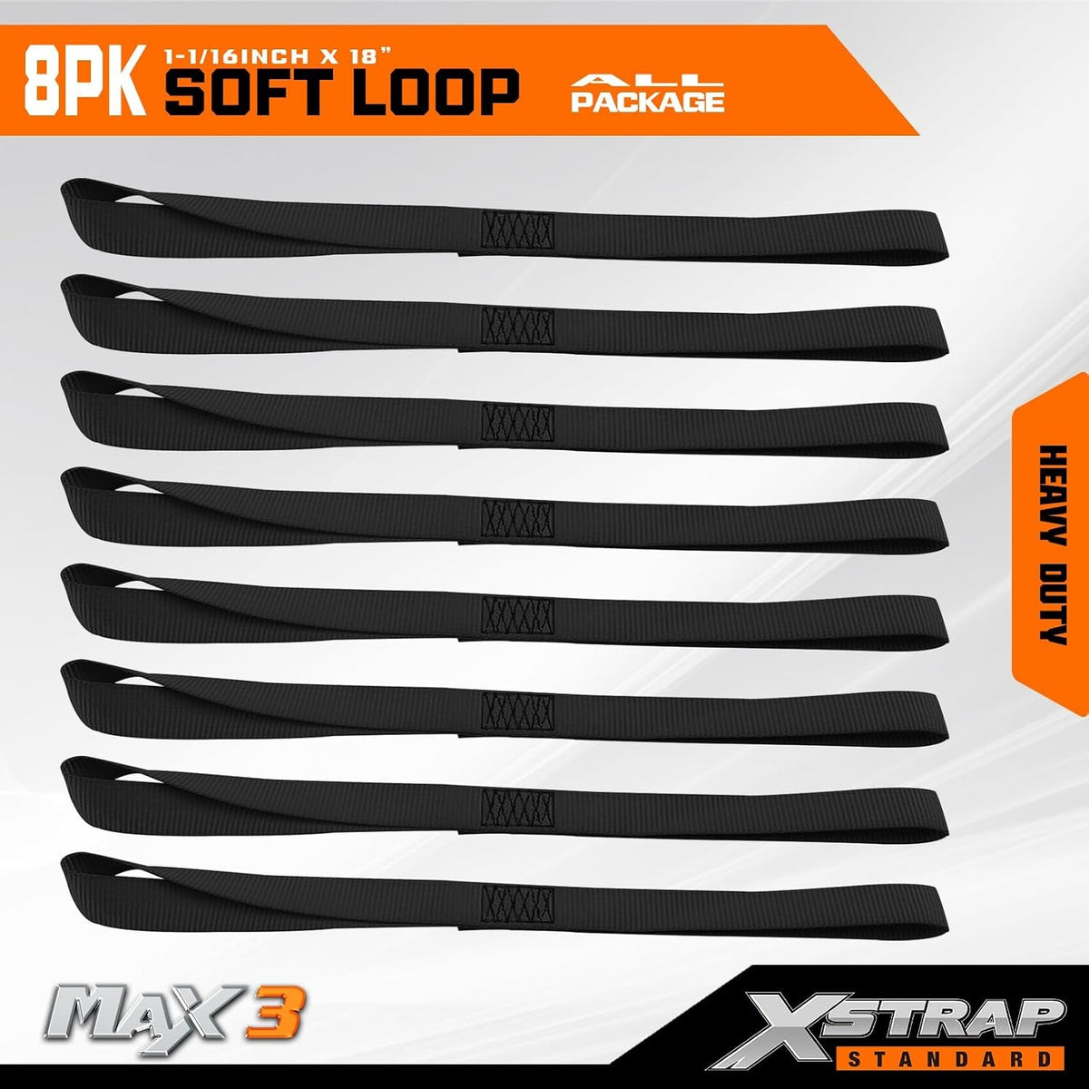XS16004-Black Motorcycle Soft Loop Tie-Down Straps 8PK 1-1/16 x 18 inches 3,600LB Breaking Strength, Loop Straps for Securing Trailering, Bikes, ATV, UTV, Scooters, Dirt Bikes, Lawn Equipment, Black