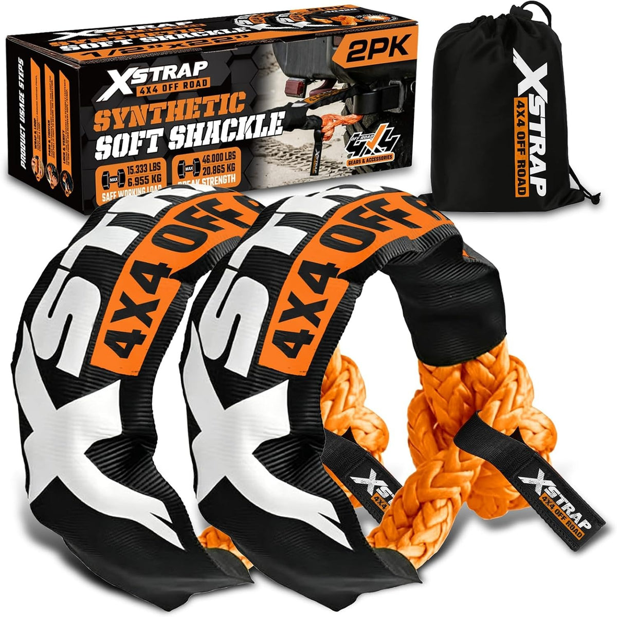 XS16094-Orange Soft Shackle 2 Pack - 1/2” x 22” 46000 Lbs Tow Recovery, Synthetic Shackle Rope, Heavy Duty Recovery Gear for Towing, Winch, Jeep, ATV, UTV, Truck, Off-Road (Orange)