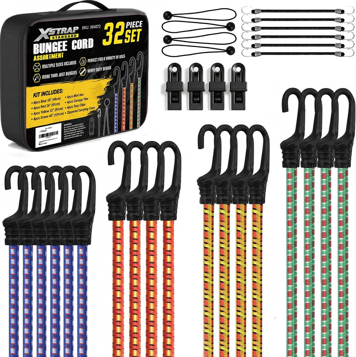 X64072 Heavy Duty 32-Piece Premium Bungee Cords Assortment, Multi-Size Elastic Cords with Hooks, Balls & Tarp Clips, Portable Bag for Camping, RV, Moving and Cargo Luggage