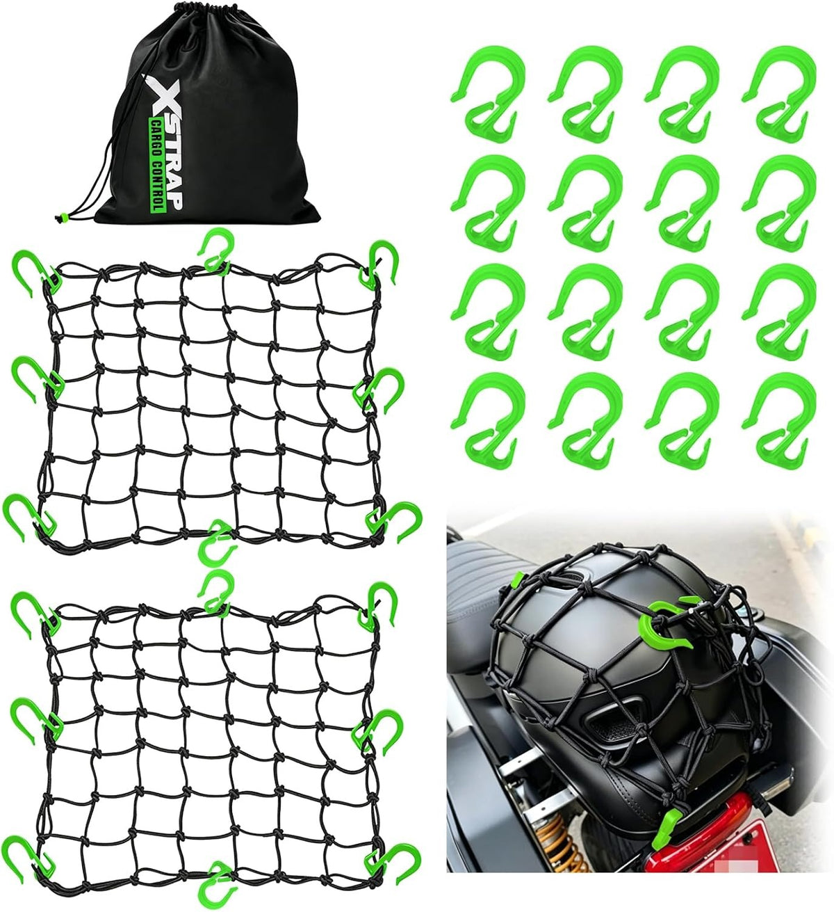 XS63559 2 Pack 15"x15" Motorcycle Cargo Nets with 16 Adjustable Hooks Stretches up to 30"X30", 2"X2" Small Mesh Gear Helmet Net, Green Hooks for Motorcycle, Bike, ATV and Luggage Rack