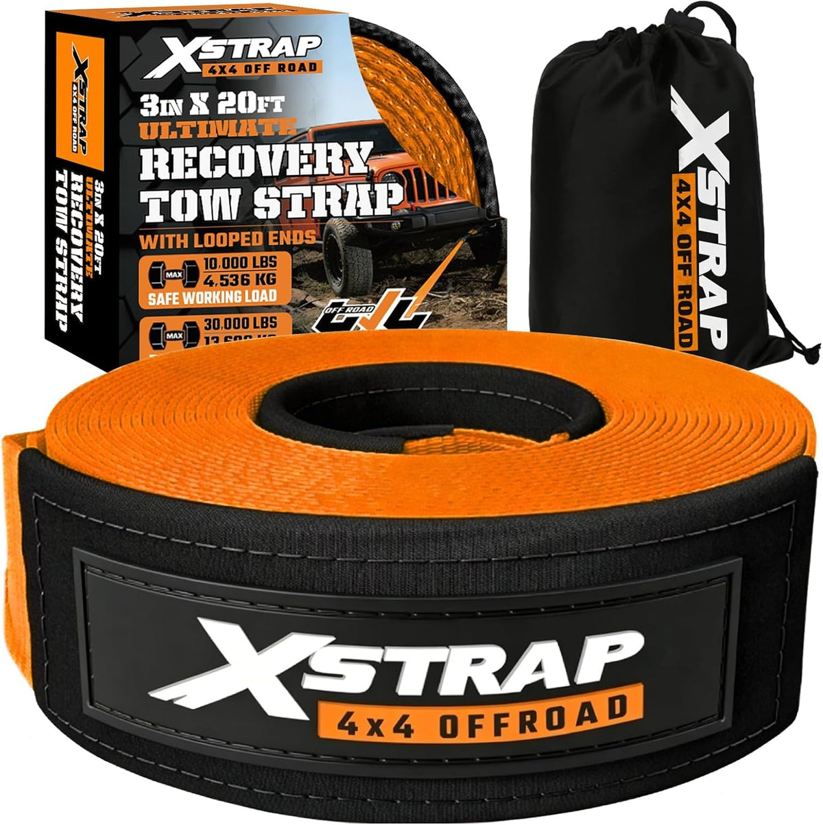 XS61934-orange Heavy Duty 3" x 20ft Recovery Snatch Truck Tow Strap 30000 Lb Break Strength, Abrasion Sleeve & Triple Reinforced Loops, Emergency Towing Strap for Off-Road, SUV and Jeep