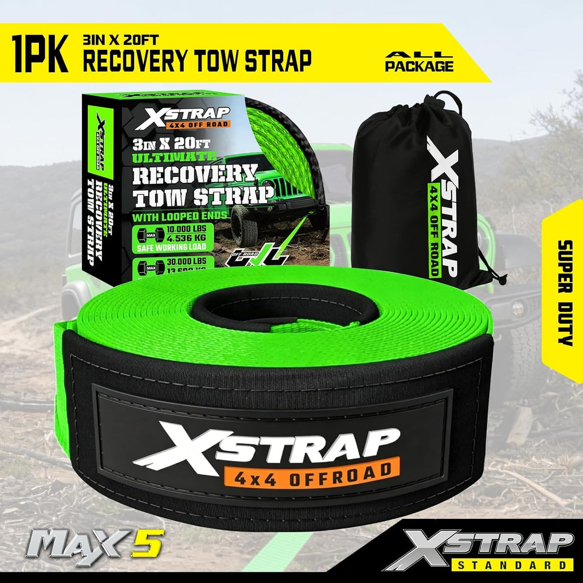 XS61934 Heavy Duty 3" x 20ft Recovery Snatch Truck Tow Strap 30000 Lb Break Strength, Abrasion Sleeve & Triple Reinforced Loops, Emergency Towing Strap for Off-Road, SUV and Jeep