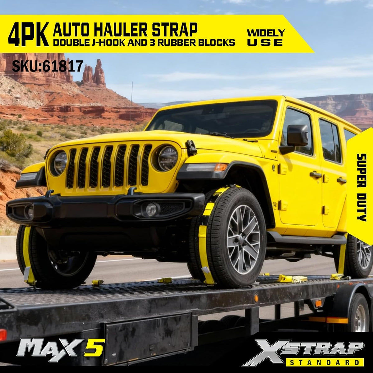 4PK Autohauler Car Tie Down 2" x 11' Ratchet Trailer Straps 10,000 lb Break Strength Heavy Duty Vehicle Tie Down Kit with Rubber Blocks & Double J-Hooks Ideal X61817