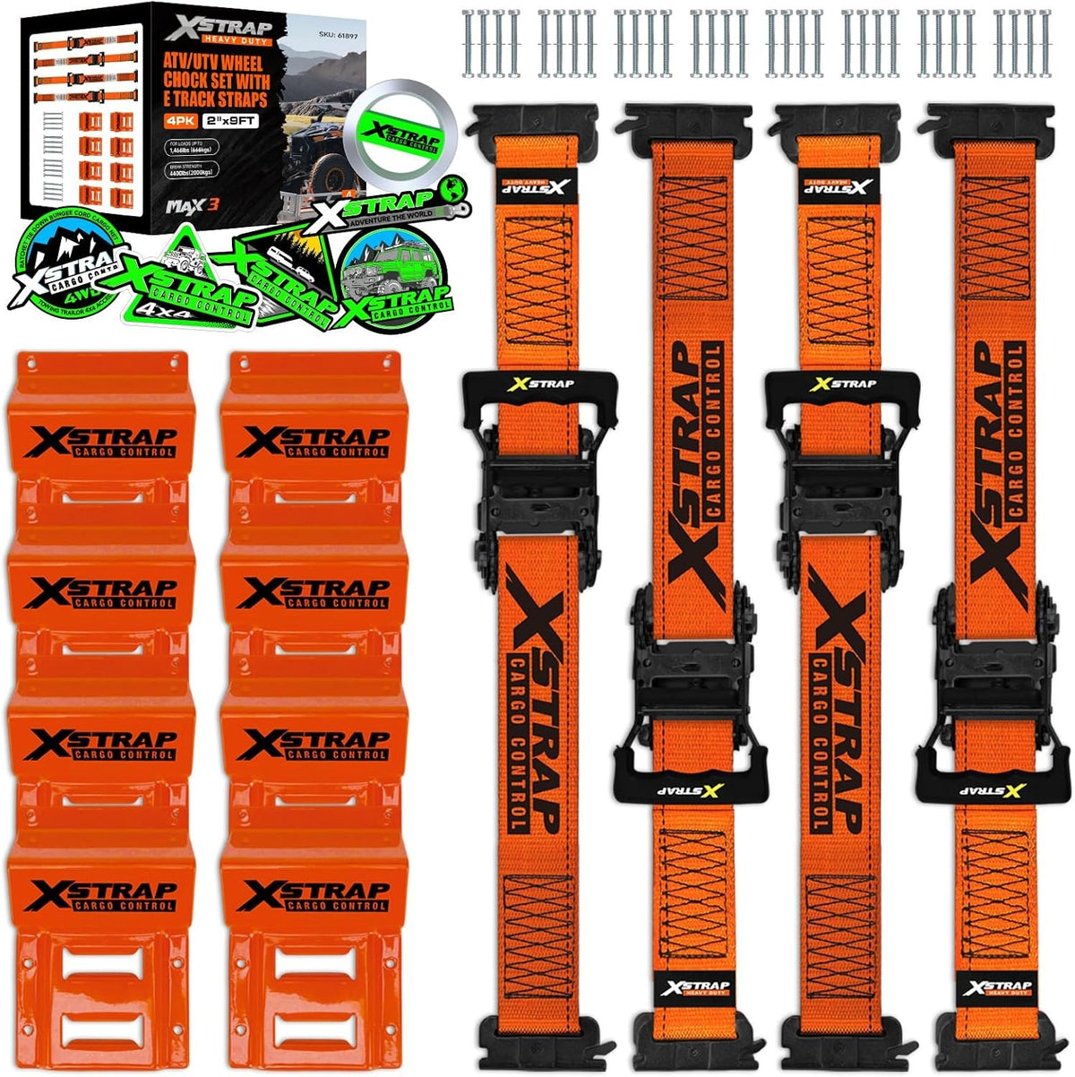 X61897 Wheel Chock E-Track Tie Down Straps Kit, 4-Pack, 2" x 9FT 4,400lb Break Strength Over-The-Tire 4 Ratchet Straps with 8 Steel Wheel Chocks for ATV, UTV, Mower, Four Wheeler & Trailer