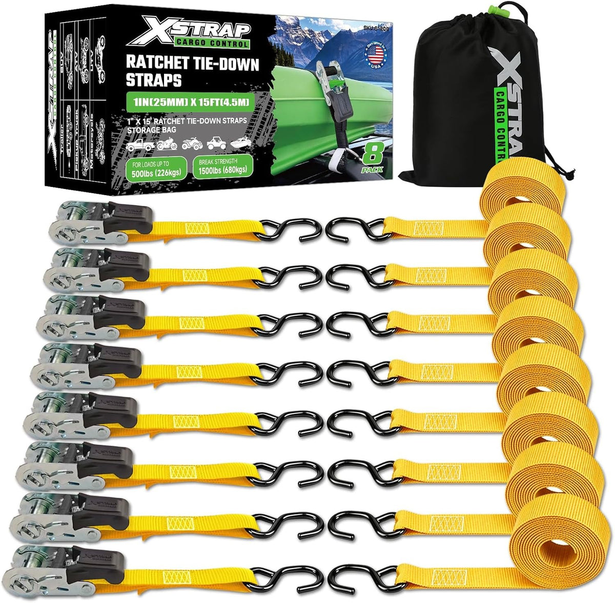 XS61206-Yellow Ratchet Straps Motorcycle Tie Downs, 8-Pack 1" x 15FT,1500 Lbs Break Strength, Rubber Handle & Coated S-Hook Lashing Straps for Moving ATV Dirt Bike Cargo Trailer Lawn Equipment(副本)(副本)