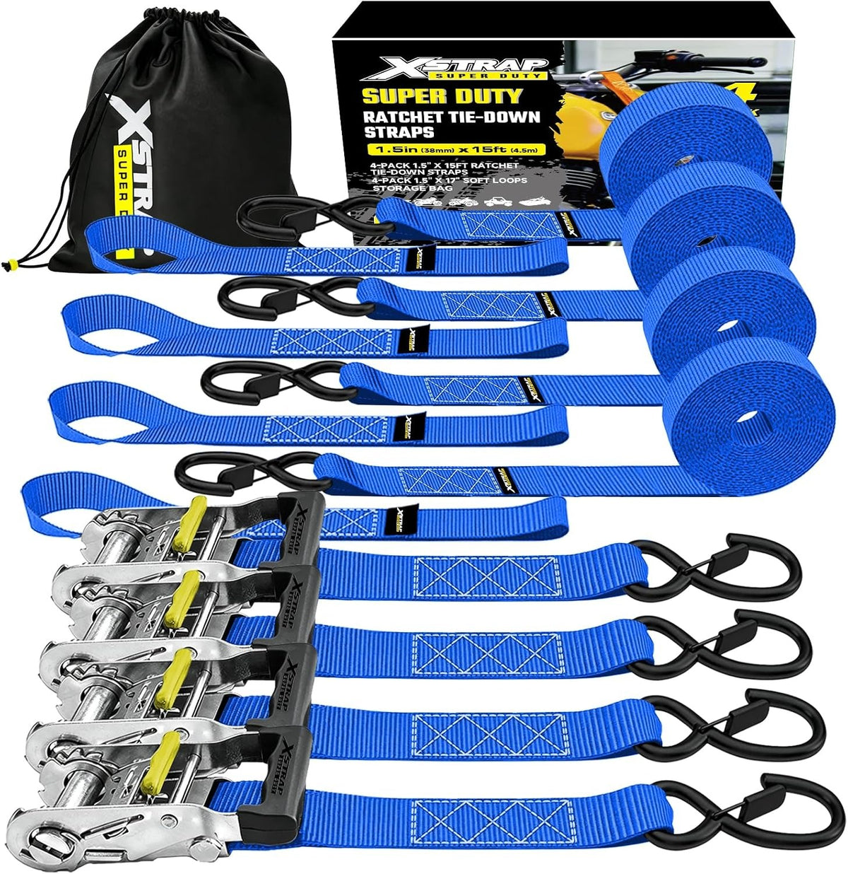 XS61689 Super Duty Ratchet Tie Down Straps, 4-Pack 1.5" x 15ft 5000 Lbs Breaking Strength with Safety S-Hooks & 4 of 17" Soft Loops, Black Cargo Straps for Motorcycle, ATV, UTV and Trucks