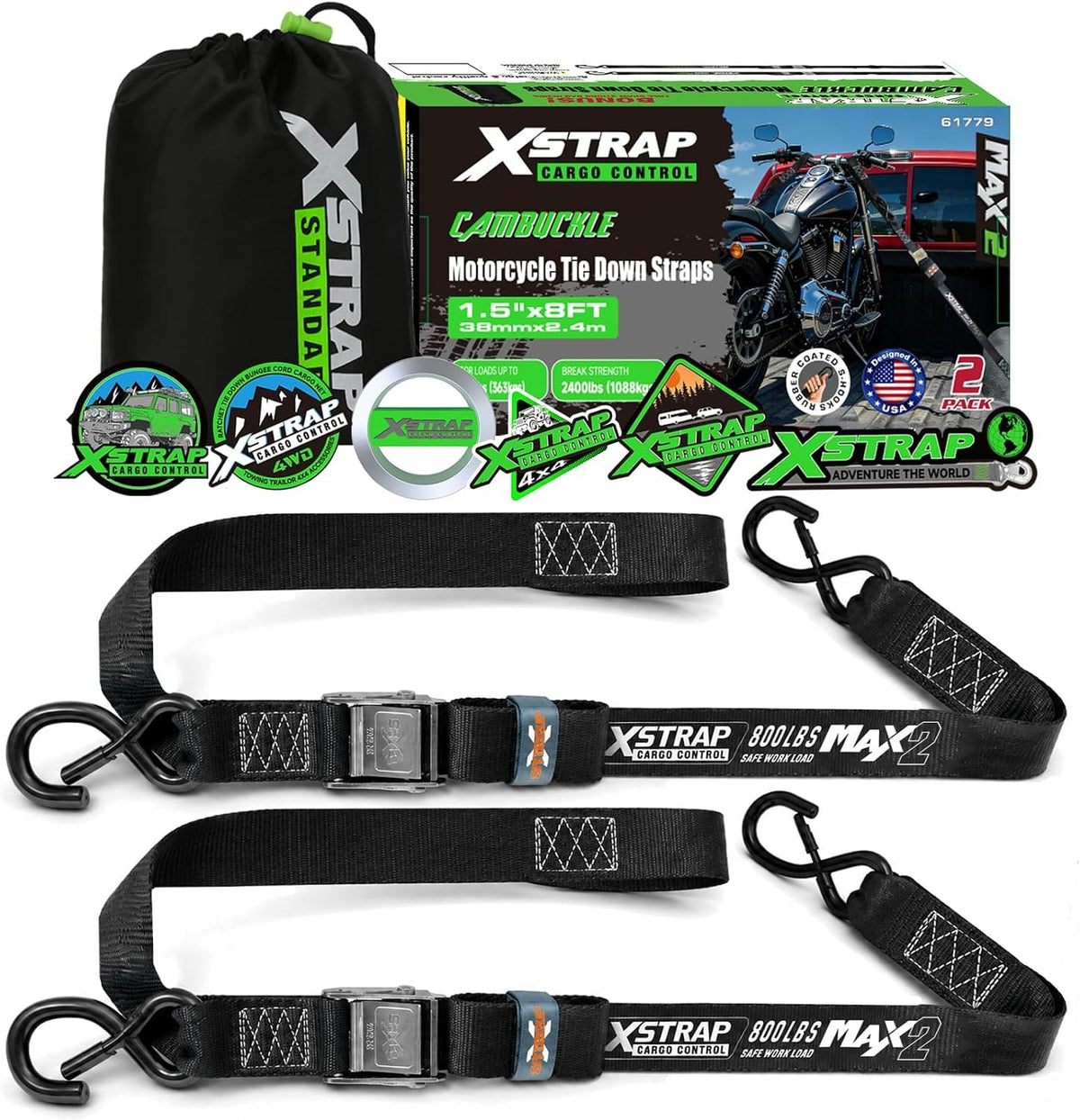 XS61779 2-PK Motorcycle Straps 1.5" x 8ft Cam Buckle Tie Down Strap 2400 lb break strength with integrated soft loops & safety S-hooks, black cargo straps for secure cargo, truck and trailer