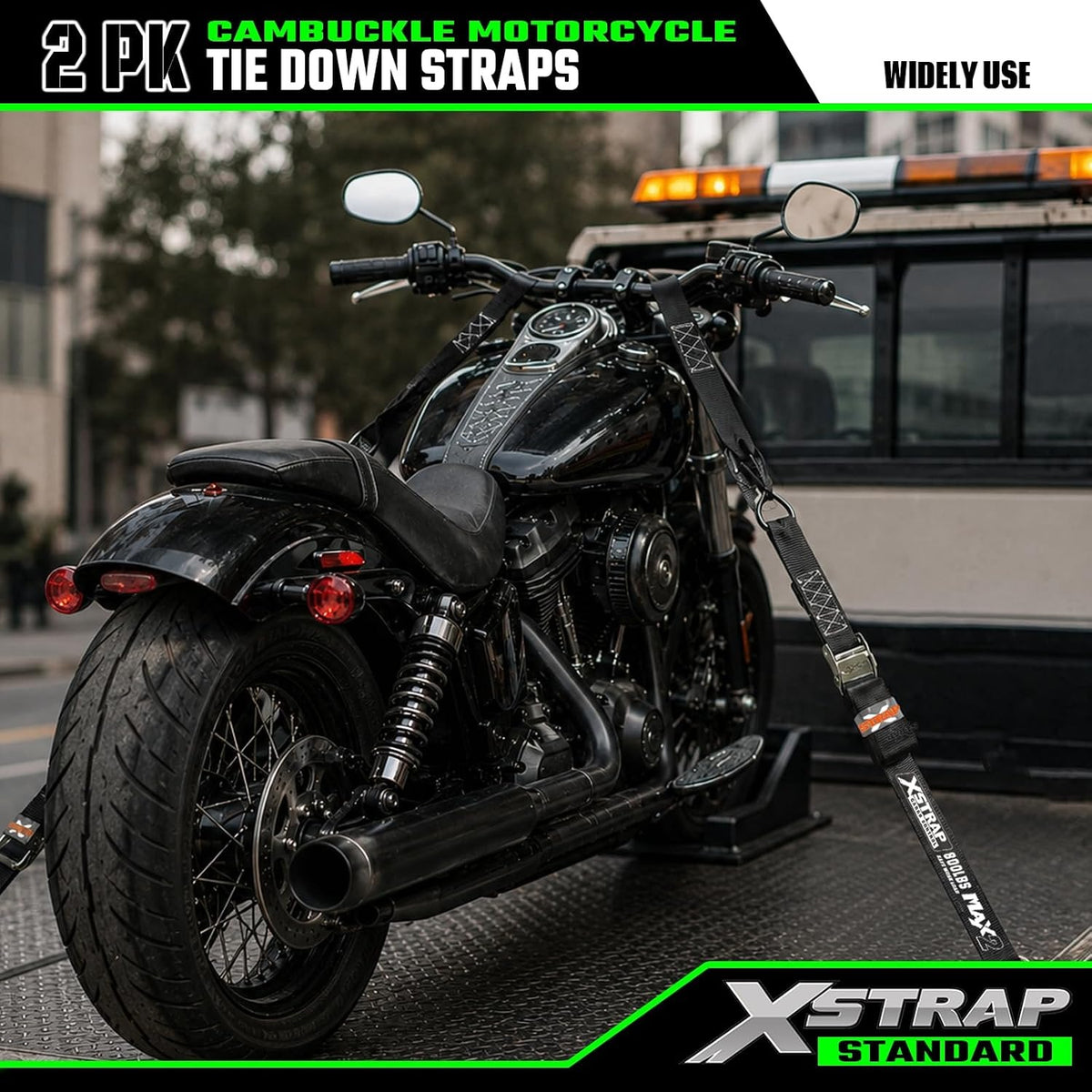 XS61779 2-PK Motorcycle Straps 1.5" x 8ft Cam Buckle Tie Down Strap 2400 lb break strength with integrated soft loops & safety S-hooks, black cargo straps for secure cargo, truck and trailer