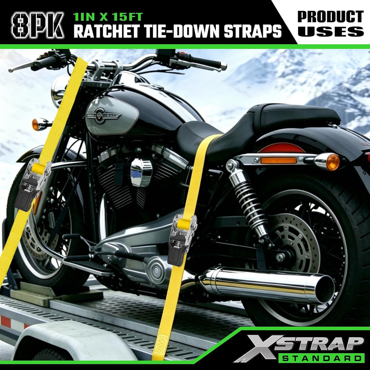 XS61206-Yellow Ratchet Straps Motorcycle Tie Downs, 8-Pack 1" x 15FT,1500 Lbs Break Strength, Rubber Handle & Coated S-Hook Lashing Straps for Moving ATV Dirt Bike Cargo Trailer Lawn Equipment(副本)(副本)