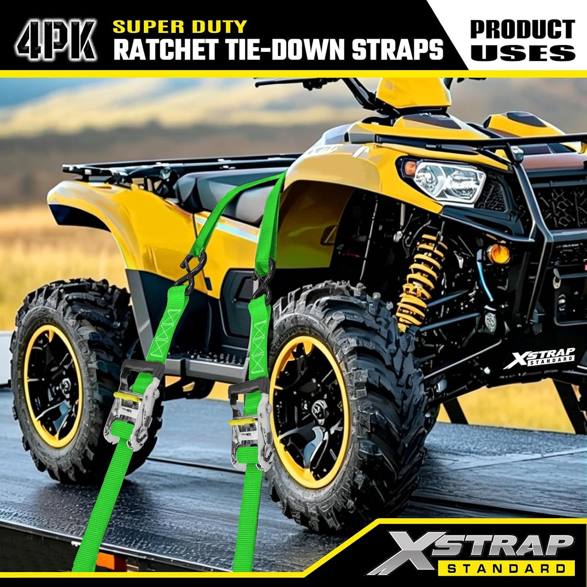 XS61787 Super Duty Ratchet Tie Down Straps, 4-Pack 1.5" x 15ft 5000 Lbs Breaking Strength with Safety S-Hooks & 4 of 17" Soft Loops, Black Cargo Straps for Motorcycle, ATV, UTV and Trucks