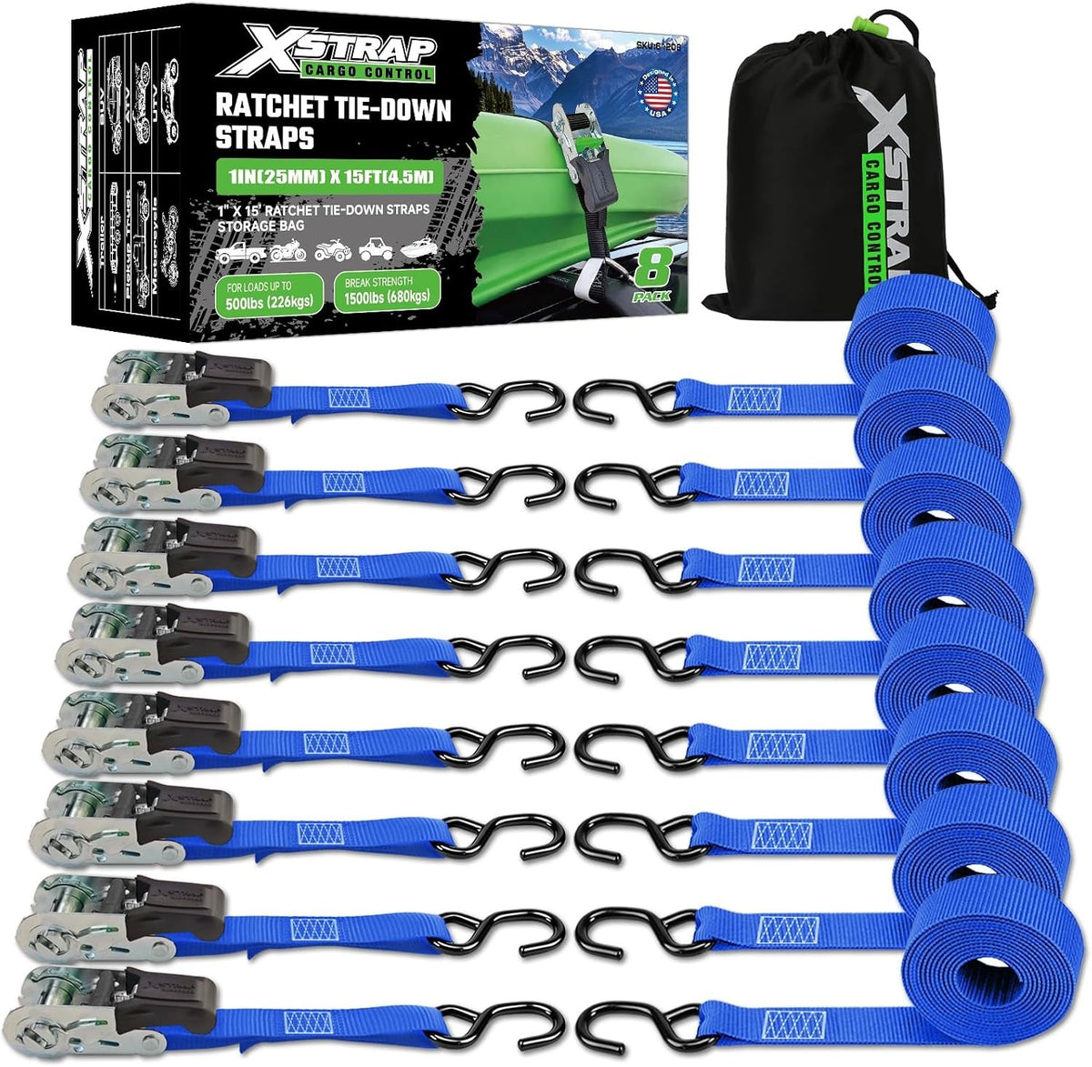 XS61206-Blue Ratchet Straps Motorcycle Tie Downs, 8-Pack 1" x 15FT,1500 Lbs Break Strength, Rubber Handle & Coated S-Hook Lashing Straps for Moving ATV Dirt Bike Cargo Trailer Lawn Equipment