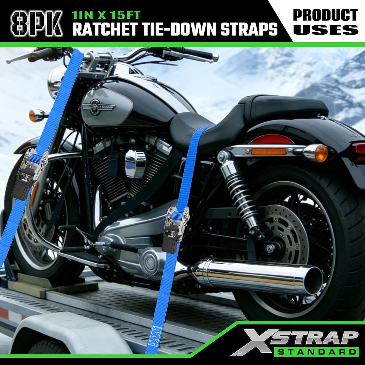 XS61206-Blue Ratchet Straps Motorcycle Tie Downs, 8-Pack 1" x 15FT,1500 Lbs Break Strength, Rubber Handle & Coated S-Hook Lashing Straps for Moving ATV Dirt Bike Cargo Trailer Lawn Equipment