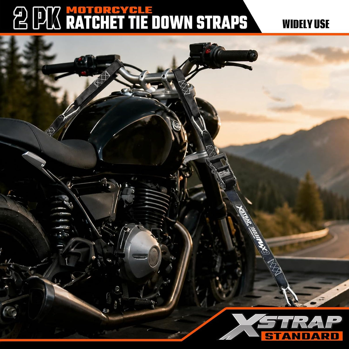 XS61766 2-PK Motorcycle Straps 1.5" x 10ft Ratchet Tie Down Straps 3000 Lb Break Strength with Integrated Soft Loops & Carabiner Hooks, Black Cargo Straps for, ATV, UTV, Truck and Trailer