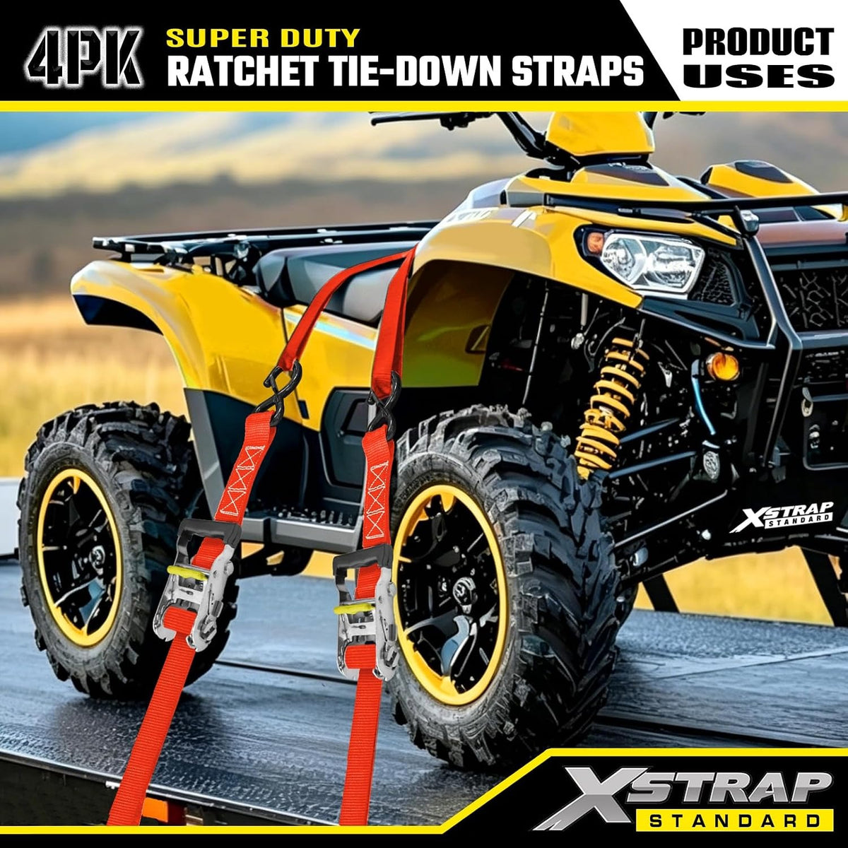XS61688 Super Duty Ratchet Tie Down Straps, 4-Pack 1.5" x 15ft 5000 Lbs Breaking Strength with Safety S-Hooks & 4 of 17" Soft Loops, Black Cargo Straps for Motorcycle, ATV, UTV and Trucks