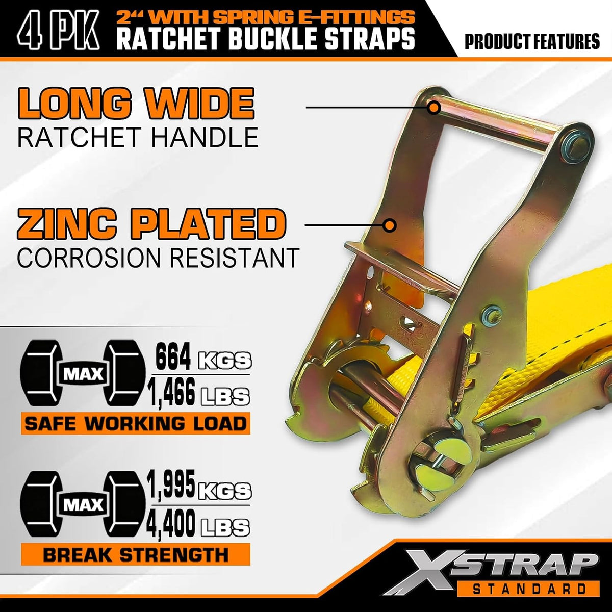 4-PK 2" x 12' E-Track Heavy Duty Ratchet Tie Down Straps 4,400lbs Break Strength (yellow)63431