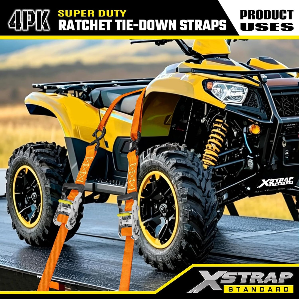 XS61690 Super Duty Ratchet Tie Down Straps, 4-Pack 1.5" x 15ft 5000 Lbs Breaking Strength with Safety S-Hooks & 4 of 17" Soft Loops, Black Cargo Straps for Motorcycle, ATV, UTV and Trucks