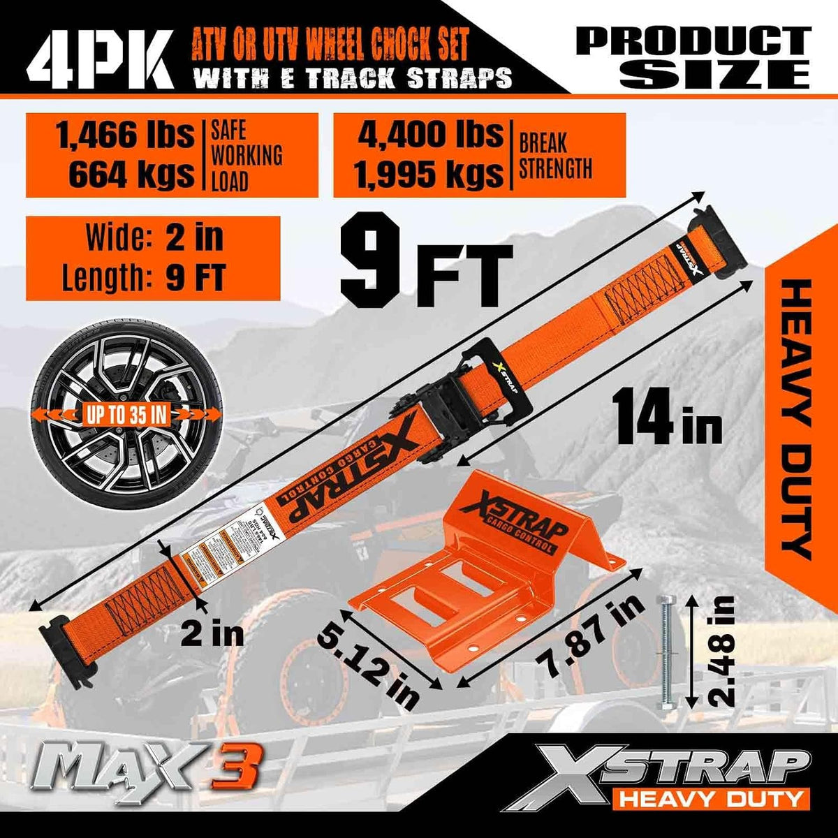 X61897 Wheel Chock E-Track Tie Down Straps Kit, 4-Pack, 2" x 9FT 4,400lb Break Strength Over-The-Tire 4 Ratchet Straps with 8 Steel Wheel Chocks for ATV, UTV, Mower, Four Wheeler & Trailer