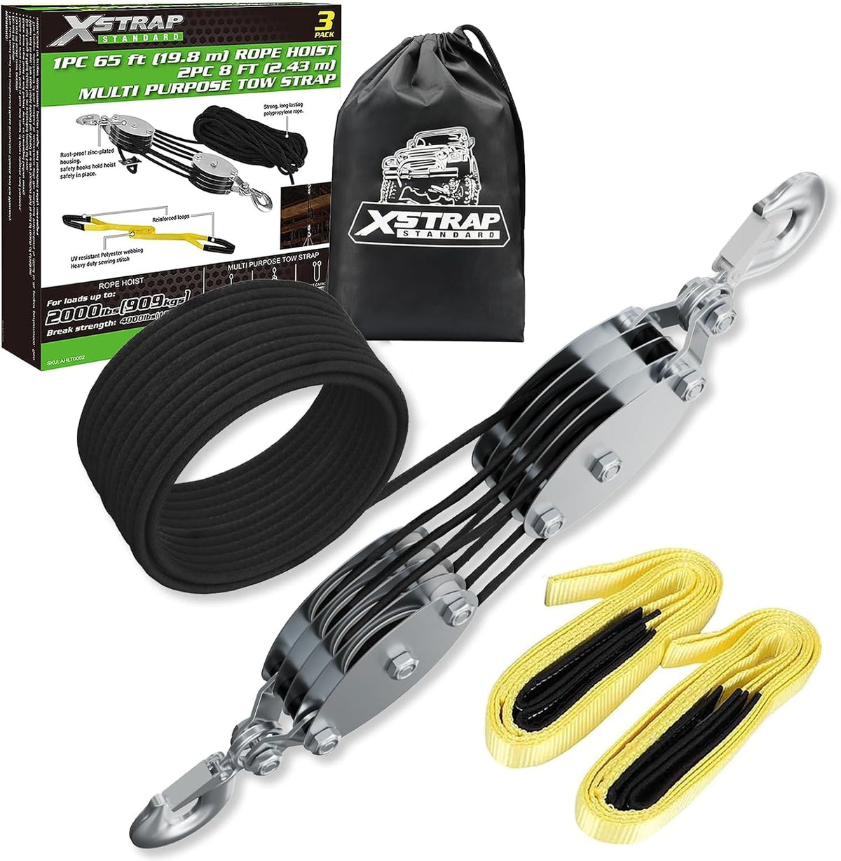 AHLT0002-Black 65FT Rope Hoist 4000Lbs Break w/2PK 8FT Lift Sling Black 4000Lbs Break Strength, Rust-proof block & tackle hoist, UV-resistant polyester sling, safety hooks, for garage & hunting