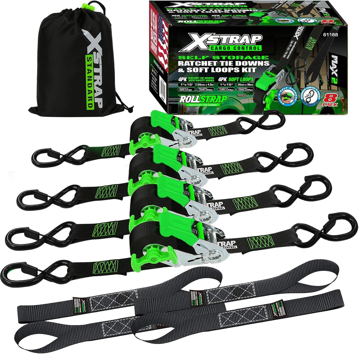 X61168 4-PK 1" x 15ft Self-Storing Ratchet Tie Down Straps, Black 1500 lbs Break Strength Hand Crank Cargo Straps with Soft Loops & Safety S Hooks for Truck Trailer Motorcycle Van ATV UTV