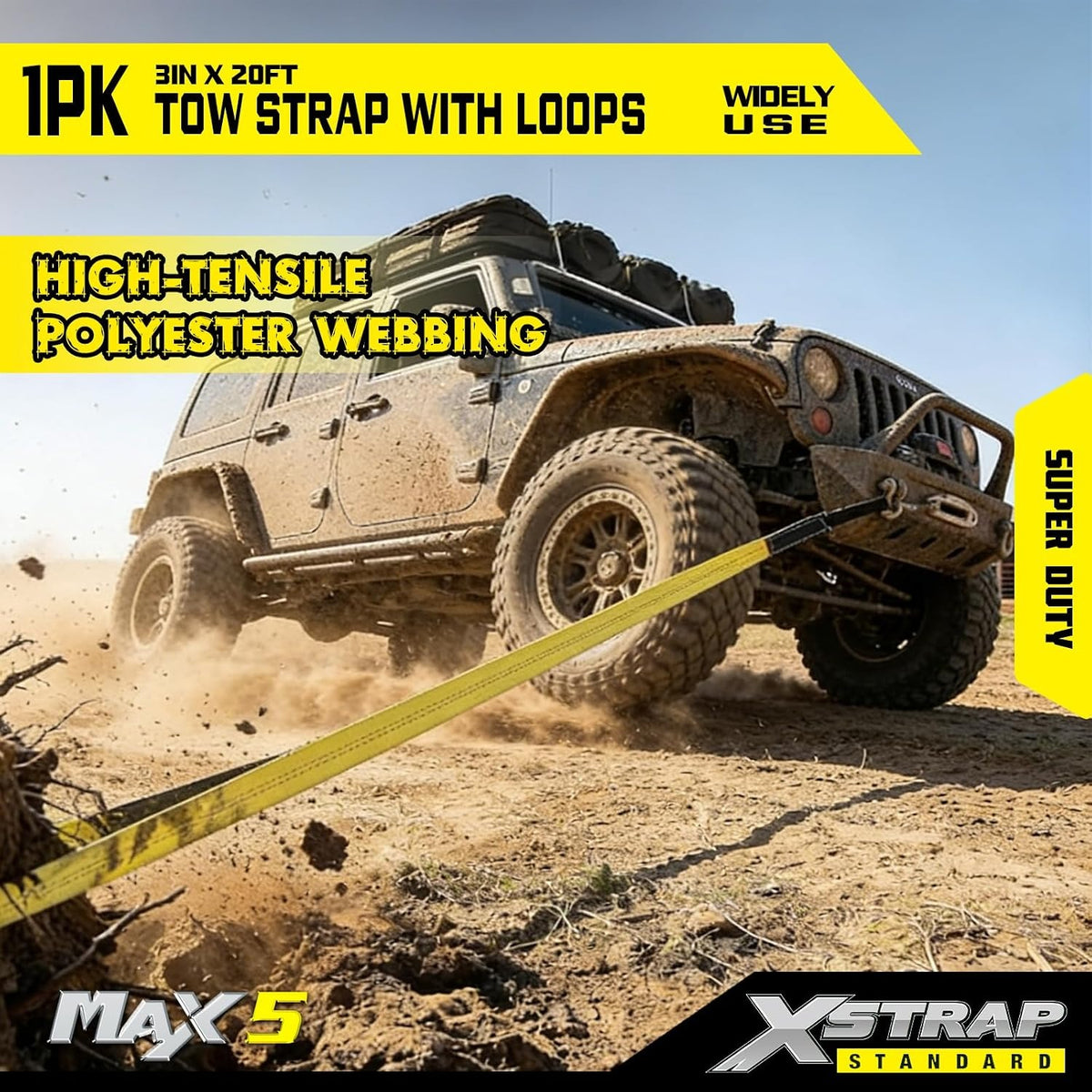 XS61907 Heavy Duty 3" x 20ft Recovery Snatch Truck Tow Strap 30000 Lb Break Strength, Abrasion Sleeve & Triple Reinforced Loops, Emergency Towing Strap for Off-Road, SUV and Jeep